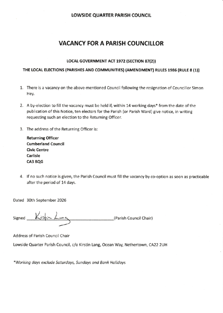 Council notice of a Councillor vacancy